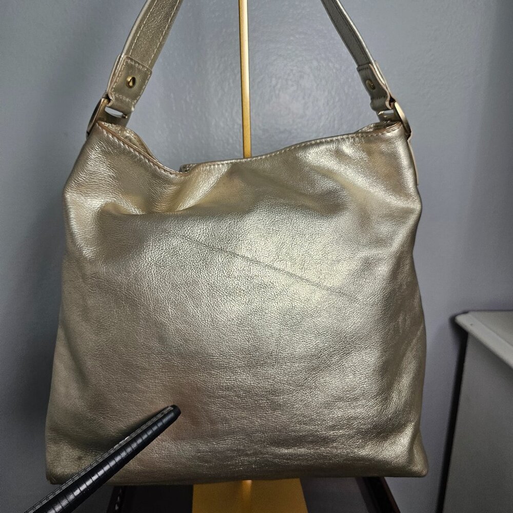 Michael Kors Metallic Gold Leather Hobo Bag - Gold Buckle Pocket Shoulder Bag - Picture 4 of 4